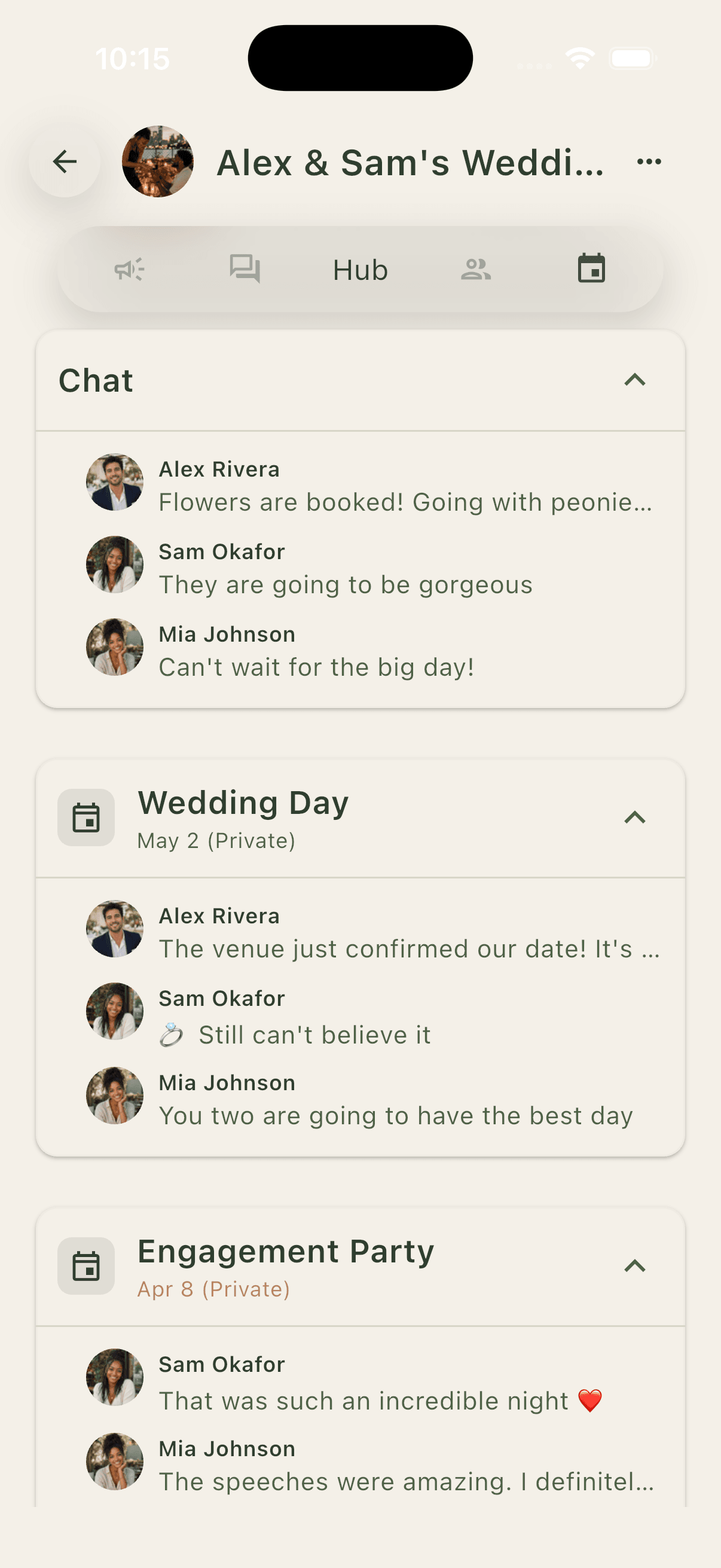 Sotro group hub with topics and event chats
